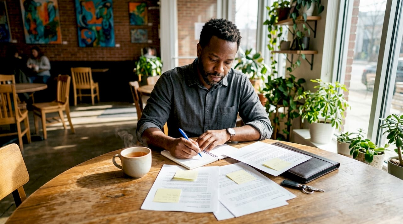 Manager reviewing people strategy documents at desk