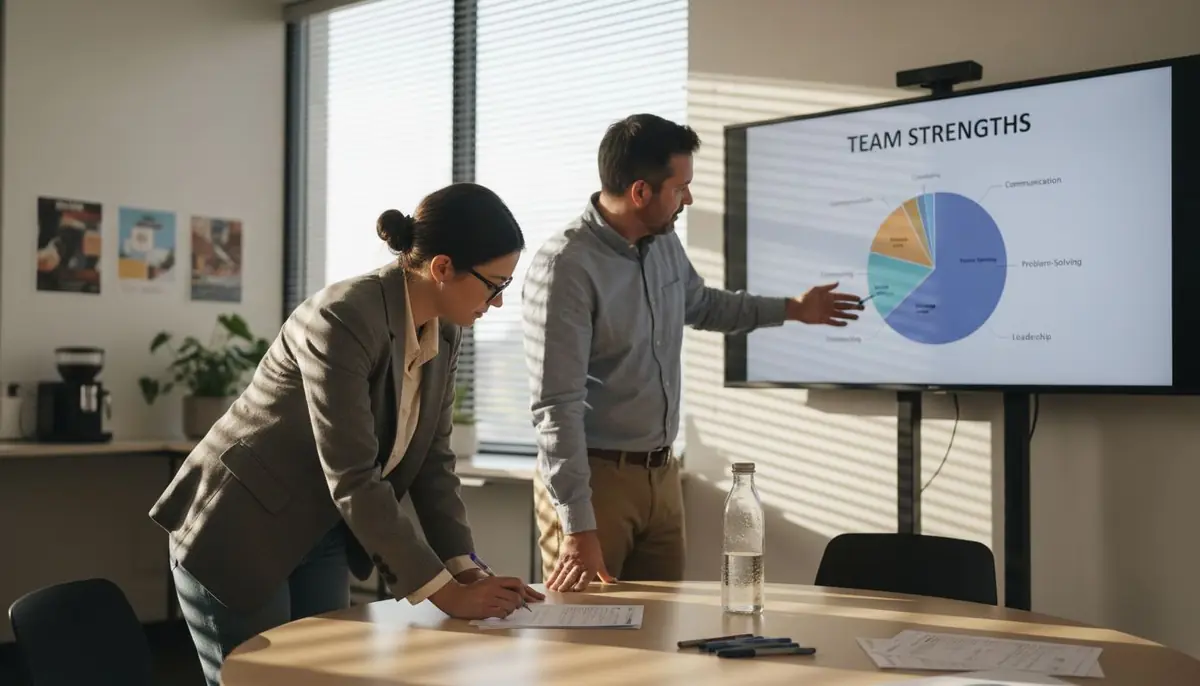 Coworkers discussing team assessment results