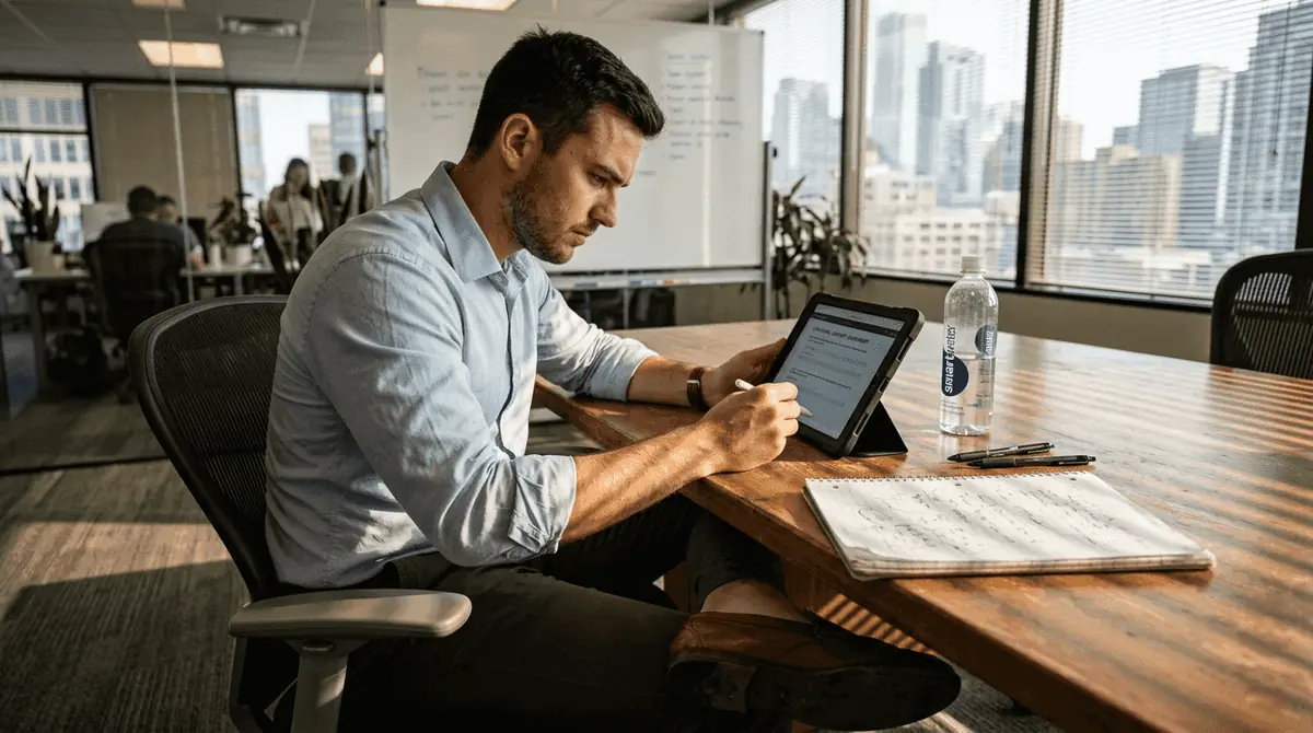 Candidate completing assessment at office table