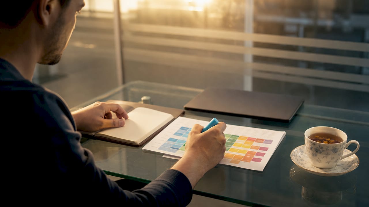 Hands marking skills matrix on desk