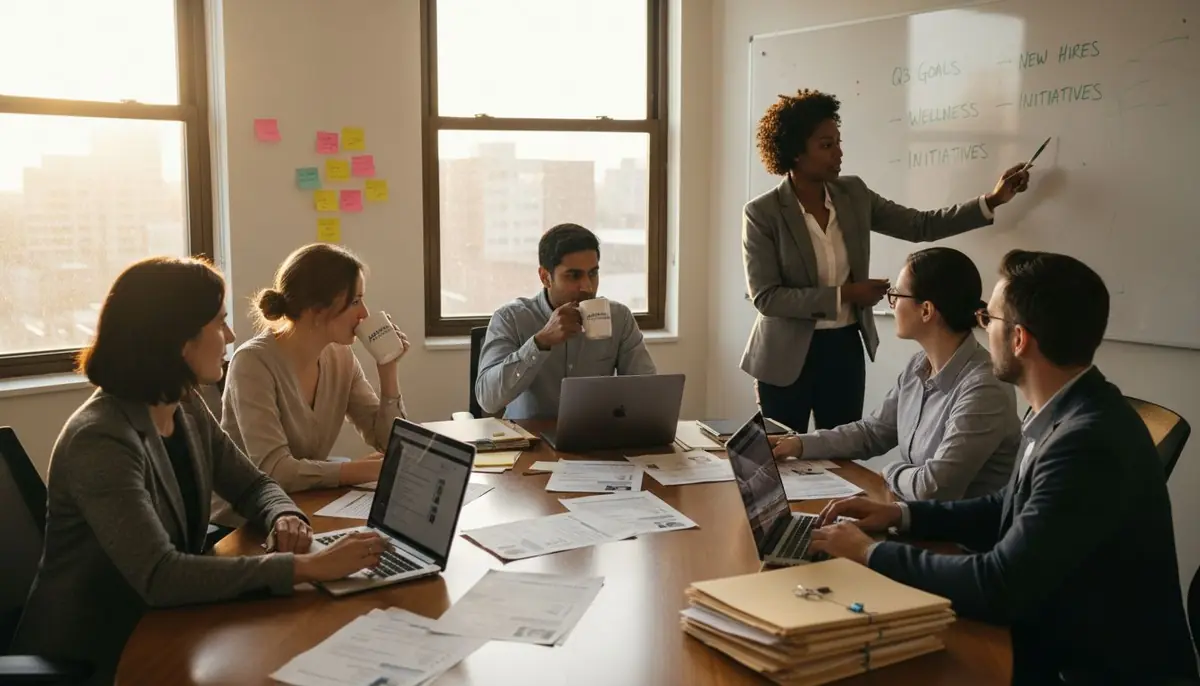 HR team meeting in corner office