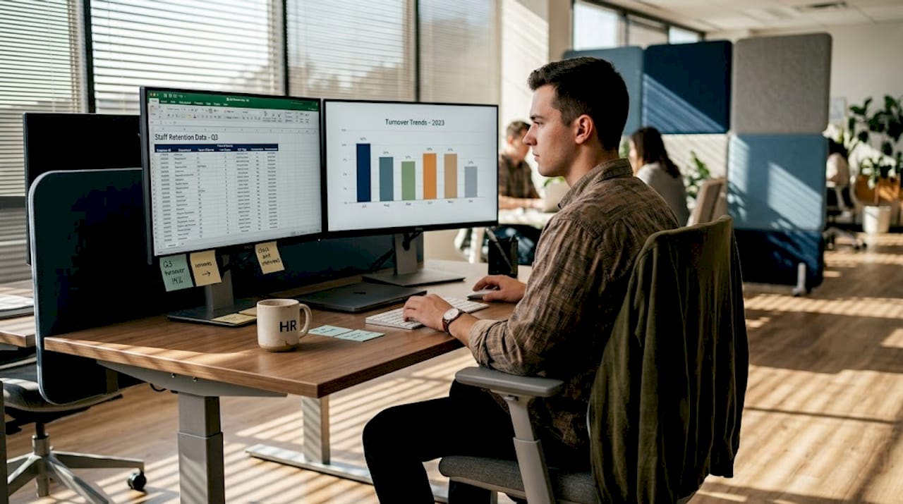 HR analyst reviewing employee retention analytics
