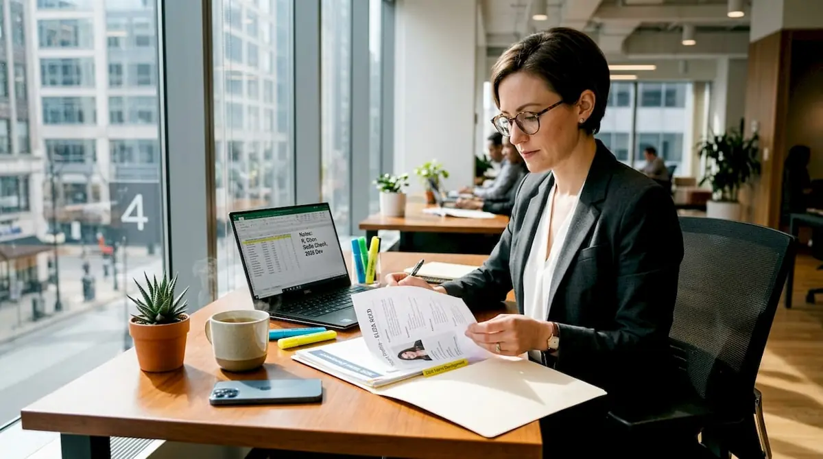 HR manager reviewing talent profiles at desk