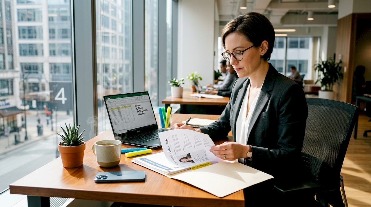 HR manager reviewing talent profiles at desk
