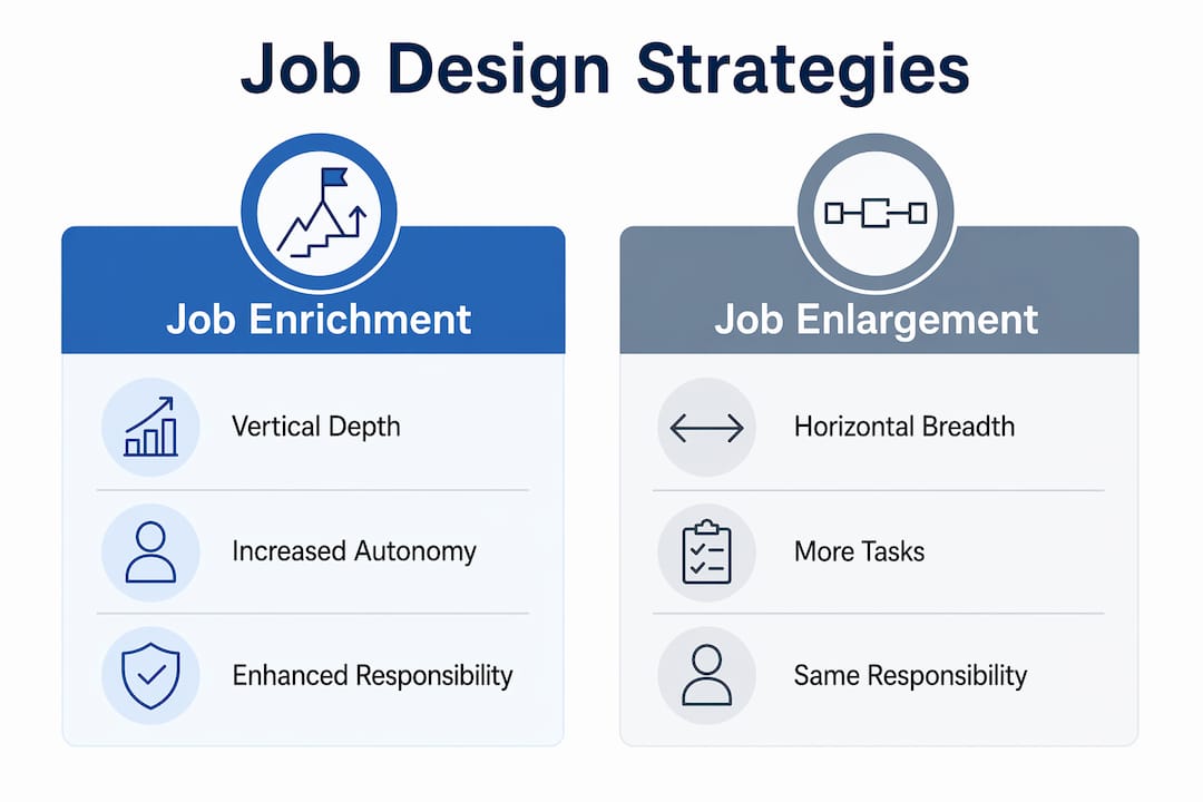 Infographic comparing job enrichment and job enlargement strategies