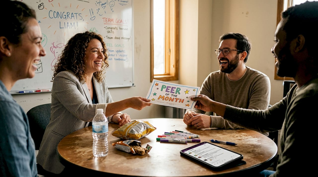 Team recognizing coworker in casual setting