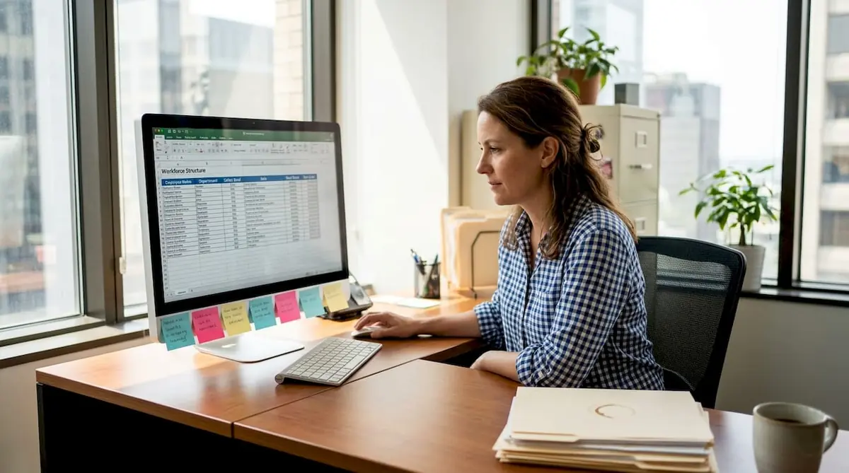 HR manager reviewing workforce analysis at desk