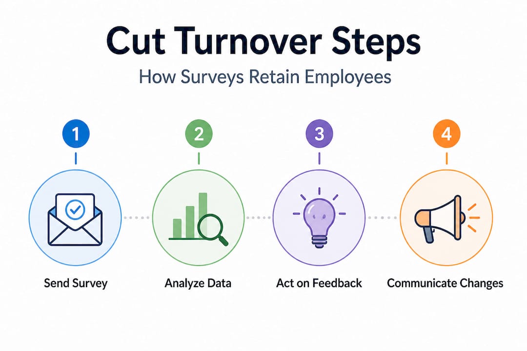 Infographic sequence: steps to reduce turnover with surveys