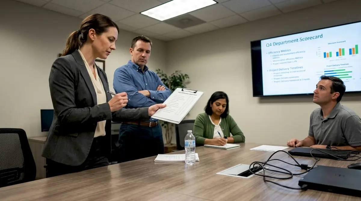 Supervisor leading performance review with team