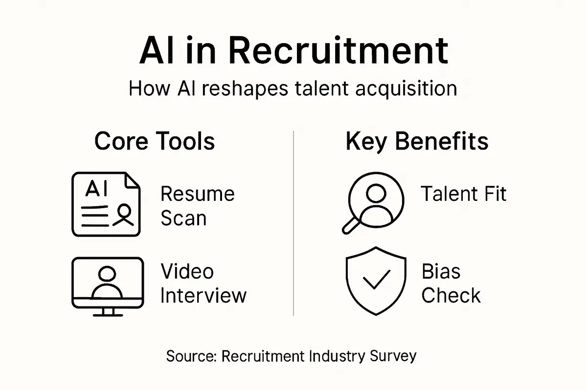Infographic showing AI&rsquo;s recruitment benefits and tools
