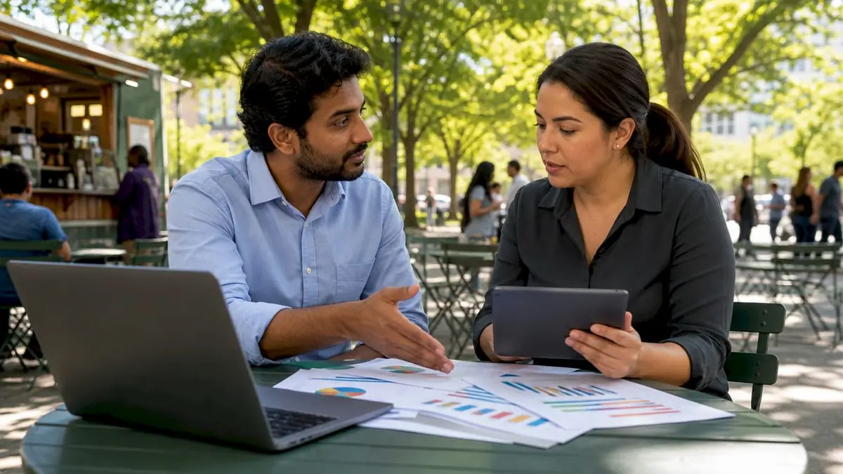 Two colleagues discussing HR functions in office nook