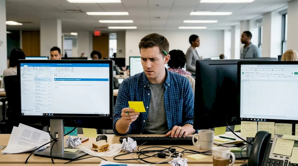 Distracted worker at cluttered office desk