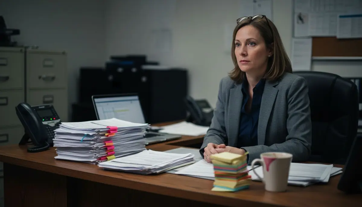 HR manager reviewing resumes at desk