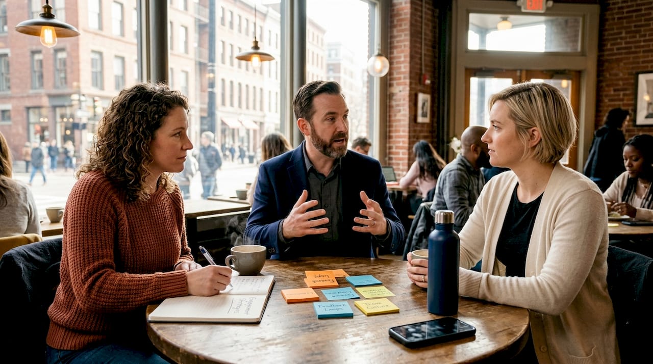 Team having discussion in open workspace