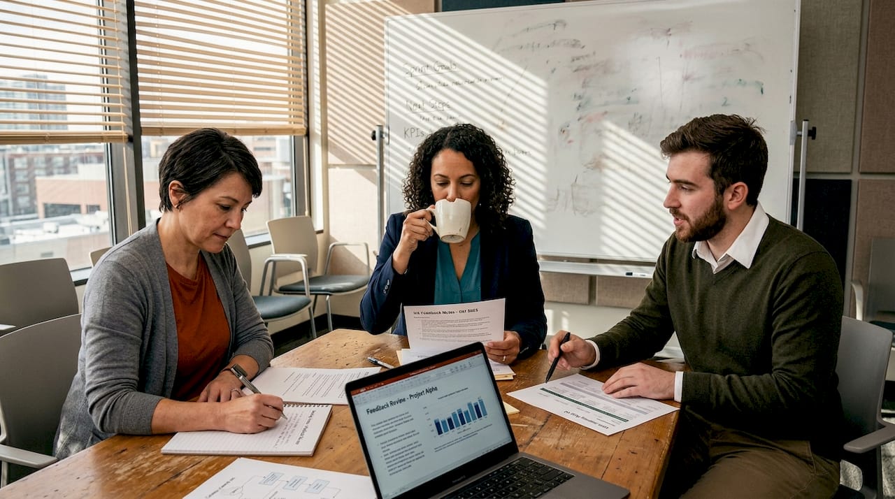 Colleagues discussing feedback in conference room