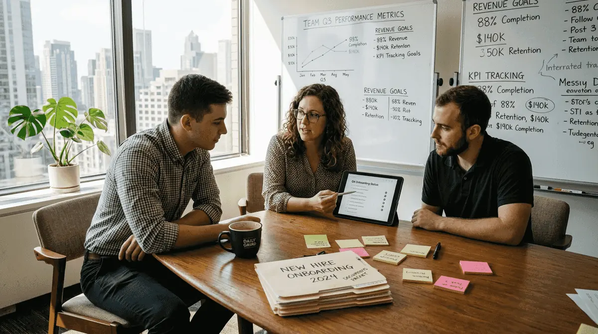 Team reviews engagement checklist in corner office