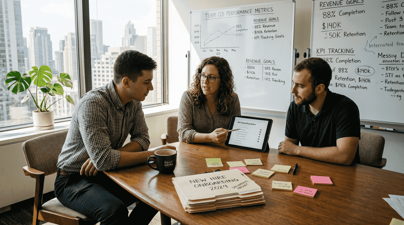 Team reviews engagement checklist in corner office