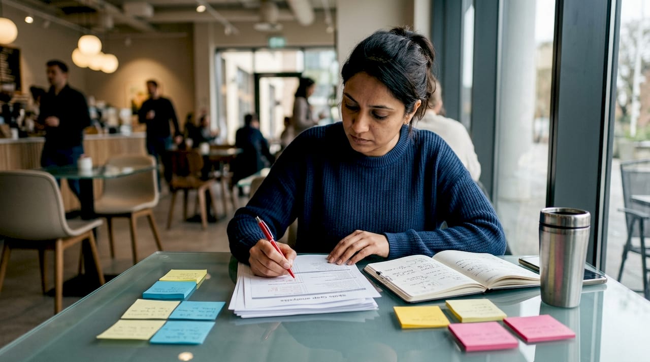 HR manager reviewing skills gap checklists at office table