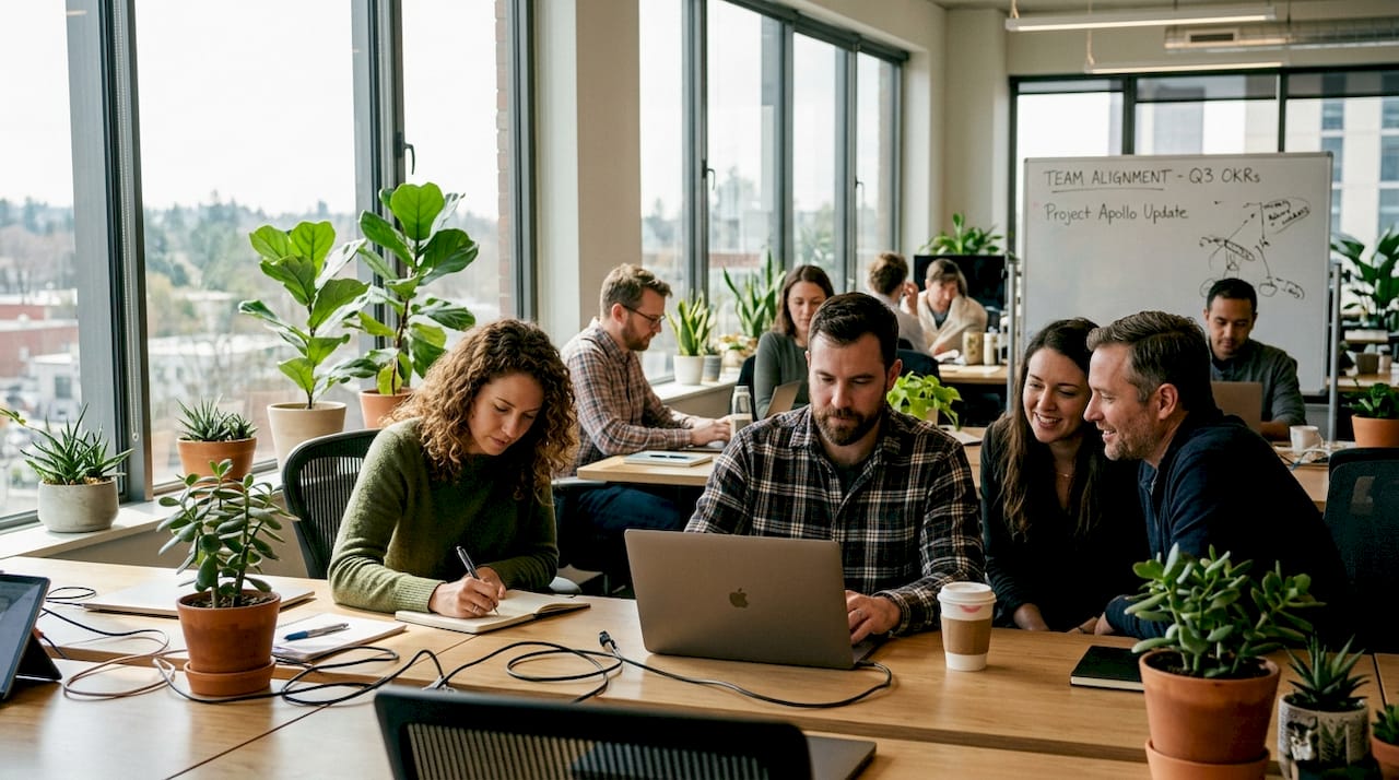 Employees working together in open office