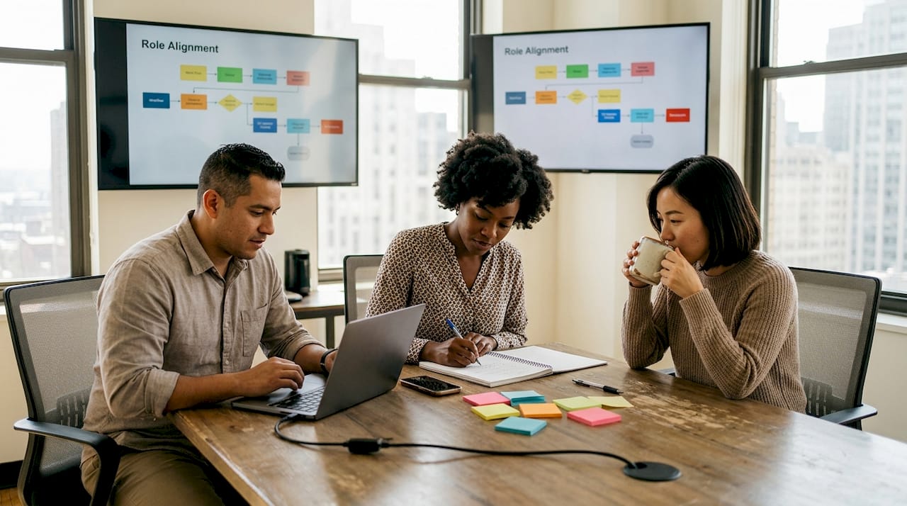 Coworkers discussing job redesign in bright office
