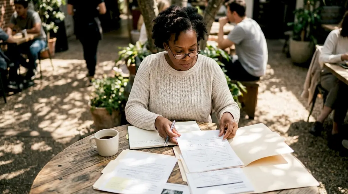 Leader reviewing onboarding documents at conference table