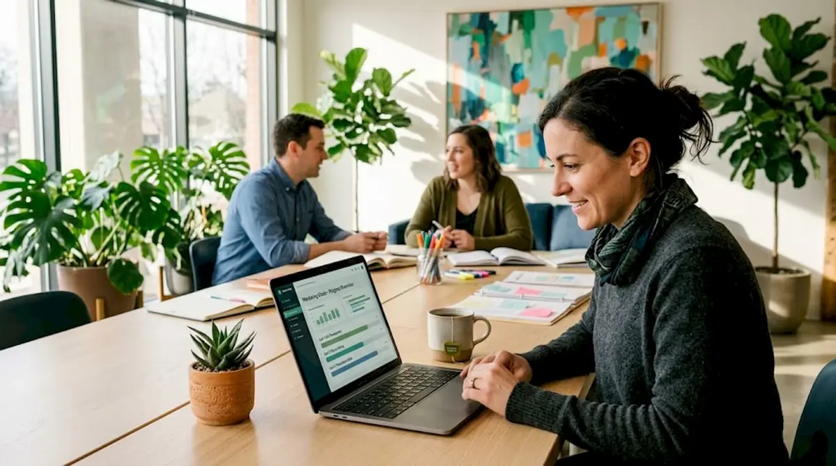 Employee tracking mentoring progress at workspace