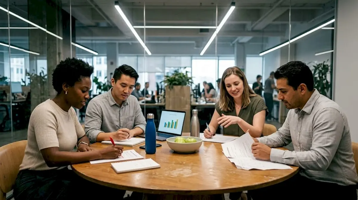 Diverse team discusses interview feedback together