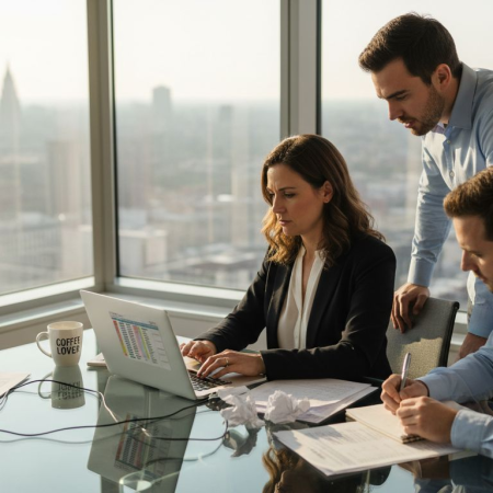 HR team reviews analytics data in office