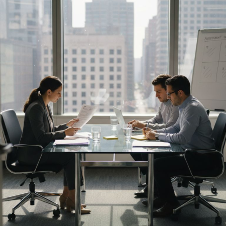 Team in corner office preparing for interviews
