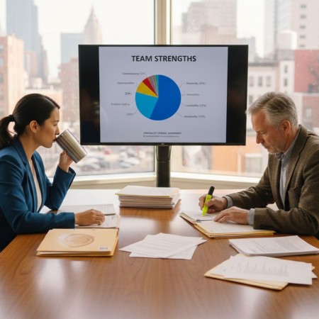 HR managers review assessment reports together