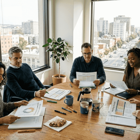 Team reviewing personality assessments in corner office