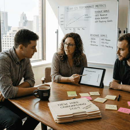Team reviews engagement checklist in corner office