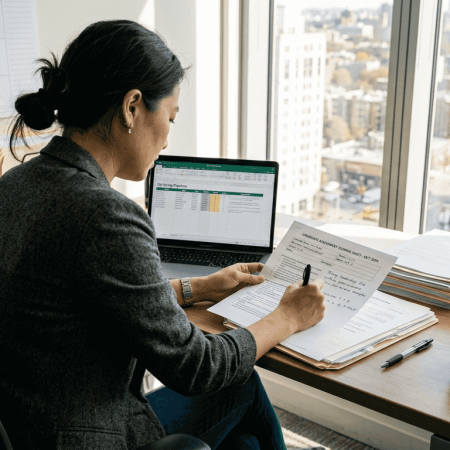Hiring manager reviewing candidate assessments at desk