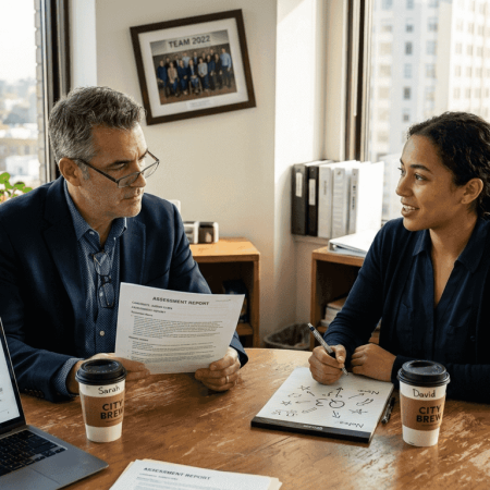 HR manager and candidate reviewing fit assessment