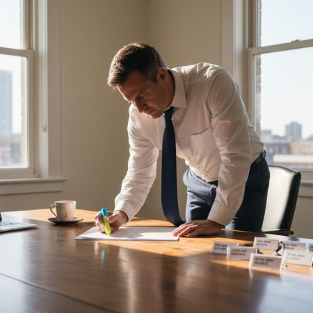 Manager reviewing job shift schedule at desk